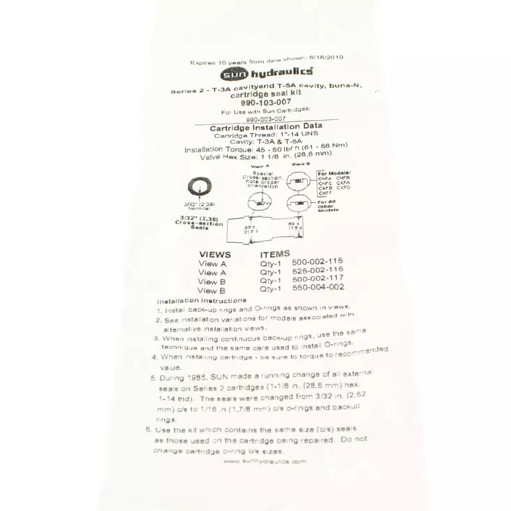 TIIVISTESARJA SUN T-5A/T-3A - Patruunaventtiilit - 65860 - 1